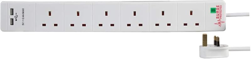 PRO ELEC PEL00114 6 Way 2 USB Surge Protected Extension Lead 3m White