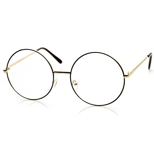 zeroUV - Large Oversized Metal Frame Clear Lens Round Circle Eye Glasses (Black-Gold)