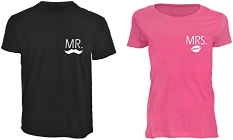 Cute Matching Mr Moustache and Mrs Lips T-Shirts, Pink Black Tops Hubby Wifey Couples Wedding Valentines Gift
