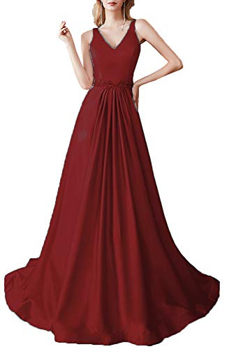 EileenDor Women's V Neck Sleeveless Satin A Line Long Evening Dresses Beaded Sashes Corset Formal Dress Burgundy
