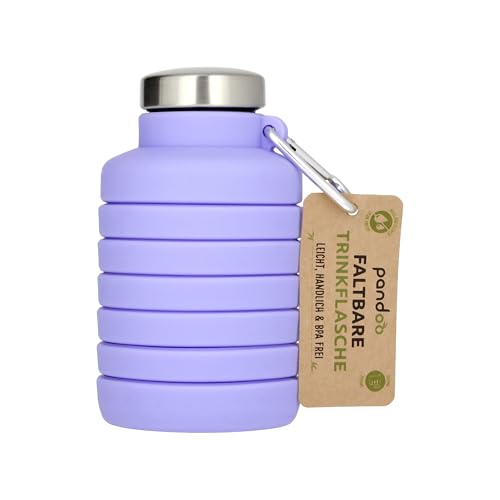 pandoo 700ml Collapsible Silicone Bottle - BPA Free, Leak Proof and Reusable - Lightweight Sports Water Bottle for Outdoor, Travel, Fitness - Black & Lilac