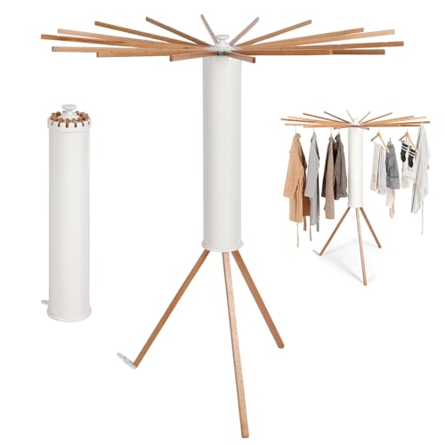 Space Saving Folding Clothes Airer with 16 Wooden Arms and 48 Hanging Slots, Modern Octopus Shape Drying Rack Portable Rack for Balcony, Indoor, Laundry Room (White)