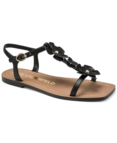 KARL LAGERFELD Women's Margate Flat Thong Sandal with Flower Embellishments, BL…