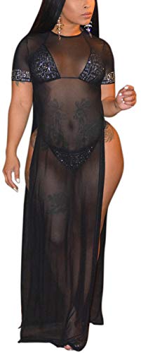 Women's Sexy Long Maxi Dresses Summer Casual See Thru Round Neck Short Sleeve Sheer Mesh Beach Cover Ups Loose Stretchy Plus Size Swimsuit Split Side with Fake Diamond