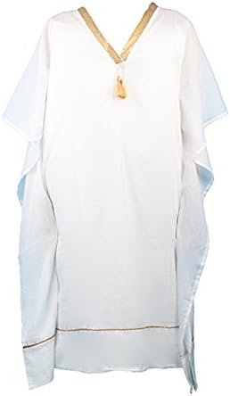 JOG Swimwear Elegant Cotton Beach Kaftan Cover-Up with Deep V-Neck and Gold-Colored Tassel, White, XS/S