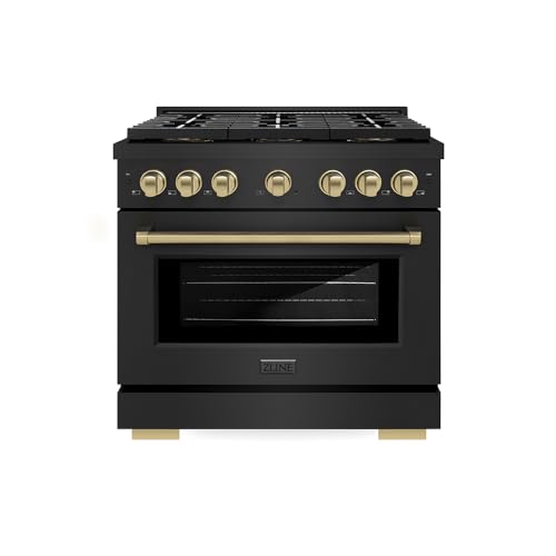 ZLINE Autograph Edition 36 in. 5.2 cu. ft. Paramount Gas Range with 6 Burner DuoPro™ Cooktop and Convection Gas Oven in Black Stainless Steel and Champagne Bronze Accents (PSGRBZ-36-CB)