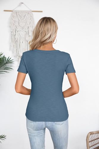 VICHYIE WOMENS SUMMER SHORT SLEEVE TOPS SQUARE NECK LOOSE TUNICS HENLEY CASUAL SHIRT SEXY BASIC BLOUSE TOP TSHIRT BLUE L