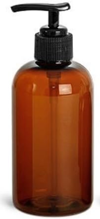 8 oz Amber Plastic Boston Bottle with Black Pump Lid 6 pk