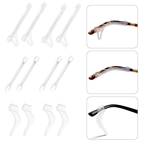 topstart 6 Pairs Upgrade Silicone Eyeglasses Temple Tips Sleeve with Hook, Anti-slip Elastic Eyeglasses Retainers Ear Hook Comfort Eyeglasses Ear Grips for Kids Adults (3 Variety Designs) (Clear)