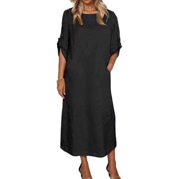 chinese dress ladies Cotton Maxi Dress for Womens Casual Short Sleeve Boho Long Dresses Summer  Crew Neck Loose Tunic Dress with Kangaroo Pockets A Black at Amazon Women's  Clothing store