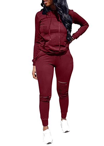Women Casual Ripped Hole Pullover Hoodie Sweatpants 2 Piece Sport Jumpsuits Outfits Set (Wine Red, L)