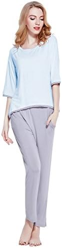 Klervi Women's Bamboo Pajama Set, 3/4 Sleeve With Crew Neck (S, Blue)