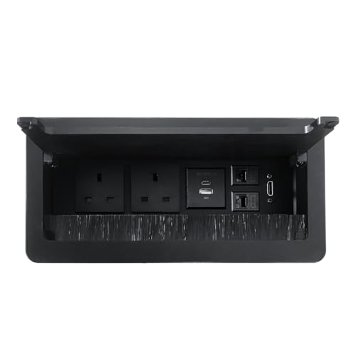 ZESHAN Table Power Socket Connectivity Box with UK Plug, USB C, HDMI, RJ45 Cat6, Fully Enclosed Bottom Box,1.8M Extension Cord, Black