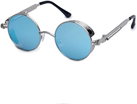 Steam Punk Style Round Lens Sunglasses with Case for Men Women Circle Inspired Metal Frame Retro Eyewear Vintage Sun Glasses with Side Cover