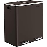 SONGMICS Dual Trash Garbage Can, 16 Gal (60L) Rubbish Bin, Metal Step Bin, with Dual Compartments, Plastic Inner Buckets and Hinged Lids, Handles, Soft Closure, Airtight, Brown ULTB60BR