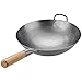 Timoney Carbon Steel Pow Wok Traditional Hand Hammered Stir-Fry Pan with Helper Wooden Handle (14 Inch, Round Bottom Wok)