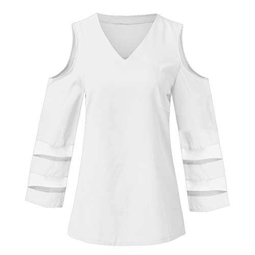 Finedayqi Woman Dress,Women Button V Neck Mesh Panel Blouse 3/4 Bell Sleeve Loose Top Shirt WH/M White