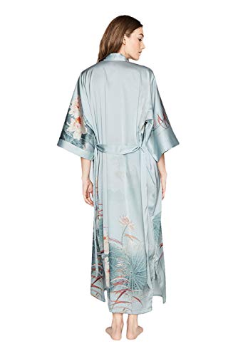 Old Shanghai Women's Kimono Robe Long - Watercolor Floral, Maren- Whisper Blue - Thumbnail 3