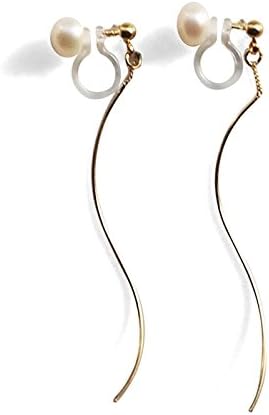 Amazon イヤリング レディース 人気 淡水パール ピアスみたいな かわいい おしゃれ 痛くならない 揺れる ゴールドバー バックチャーム アメリカンピアス風 白 真珠 パール 樹脂 イヤリング ノンホールピアス イアリング ミヤビグレース Miyabi Grace ゴールド