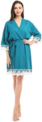 YueQiW Women's Soft Cotton Robe For Bride And Bridemaid With Floral Lace Nightwear(Large,Teal)