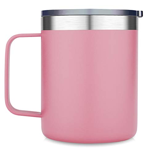 CIVAGO Stainless Steel Coffee Mug Cup with Handle, 12 oz Double Wall Vacuum Insulated Tumbler with Lid Travel Friendly (Pink, 1 Pack)