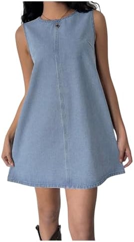 Milumia Women's A-Line Sleeveless Crew Neck Denim Dress Loose Casual Mini Jean  Dresses Blue XX-Small at Amazon Women's Clothing store