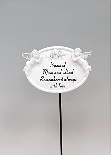 White & Silver Twin Cherub Oval Plaque Memorial Stick - 9 x 7cm - Mum and Dad - Graveside Cemetery