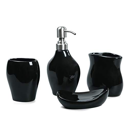 FORLONG FL3021 Black Ceramic Bathroom Accessories Set of 4:1 Gargle Cups,1 Toothbrush Holders,1 Soap Dishes,1 Soap Dispenser