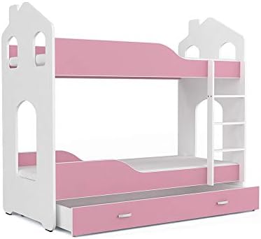 FurnitureByJDM Quality Bunk Bed for Kids - DOMINIC - With Mattresses and Storage Drawer. (White/Pink, Dominic - House)