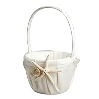 BERTERI Beach Theme Flower Girl Basket White Satin Flower Basket with Sea Star and Seashell Design for Wedding Ceremony Party