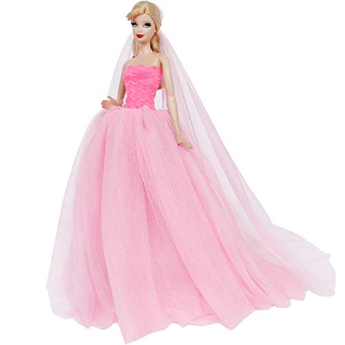 BJDBUS Strapless Elastic Top Wedding Dress with Veil Evening Party Gown Princess Clothes for Barbie Doll (Pink)