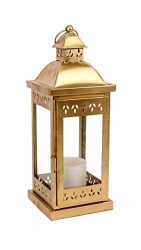 Hosley Decorative Iron Lantern with Pillar Candle (13.97 cm x 13.97 cm x 35.56 cm, Gold)