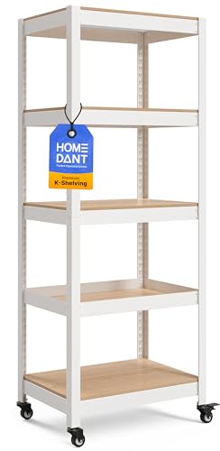 HOMEDANT House Premium Rolling Shelf, Heavy Duty Shelving with Wheels, Cellar Shelf, Storage Shelf, Household Shelf, Kitchen Shelf, Garage Shelf, 40 x 60 x 150 cm, Shelf with Laminate MDF Shelves, Adjustable Shelves, White