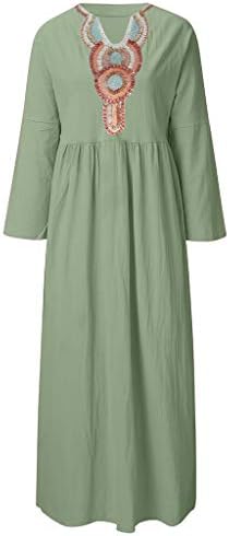 Daylin Womens Lady Bohemian Summer Long Sleeve Linen Dress Loose A-line Party Print Sundress Dress