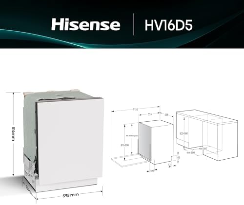 Hisense HV16D5 - Máquina de lavar louça integrada, classe D, 16 capacidade de serviços, altura 81,6cm x largura 59,8cm, secagem automática, programa automático, terceira bandeja, lavagem rápida de 15'