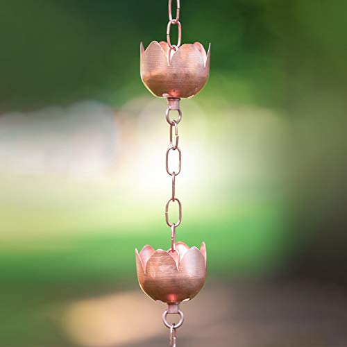 Marrgon Copper Rain Chain - Decorative Chimes & Cups Replace Gutter Downspout & Divert Water Away from Home for Stunning Fountain Display - 6.5' Long for Universal Fit - Flower Style