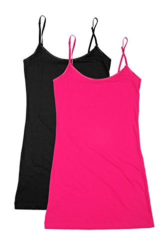 Bozzolo RT1002 PK Ladies Adjustable Spaghetti Strap Long Tank Top 2Pack - Black/Hot Pink L - Thumbnail 6