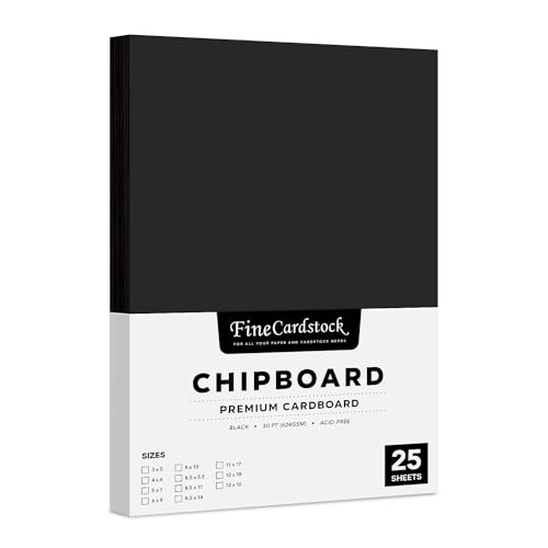 Black Chipboard – Medium Weight 30 Point (0.03 inch) Cardboard | Thick and Sturdy, Great for Arts and Crafts, Packaging, Scrapbooking, Notepad Backing | 25 Chipboard Sheets | 8.5