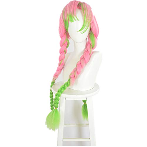 Topcosplay Anime Wigs Long Pink and Green Wig with Braids Cosplay Wig for Halloween Fancy Dress Party