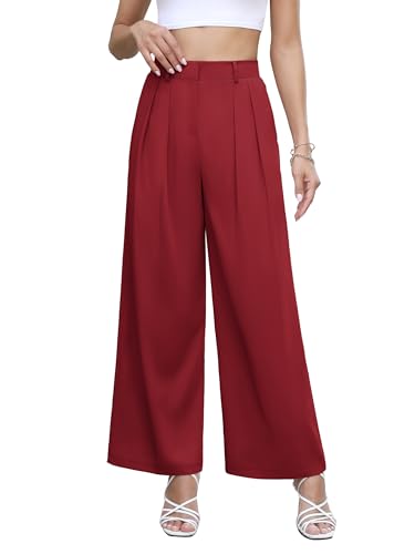 NIEYOOK WOMEN’S CASUAL HIGH WAISTED PALAZZO PANTS FLOWY WIDE LEG TROUSERS WORK SUIT PANTS WITH POCKETS FIERY RED