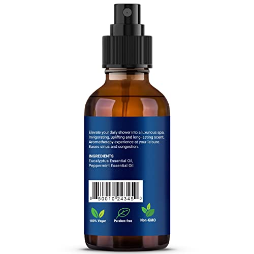 EUCALYPTUS & PEPPERMINT SHOWER STEAMER SPRAY 2 FL OZ – AROMATHERAPY MIST FOR SPA WITH PURE, NATURAL ESSENTIAL OILS – REFRESHING AROMA FOR CLEAR BREATHING & MOOD ENHANCEMENT – NEXON BOTANICS