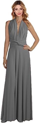Dating Date Convertible Multi Way 6 Use Deep V Neck Formal Slim Maxi Dress Grey Small