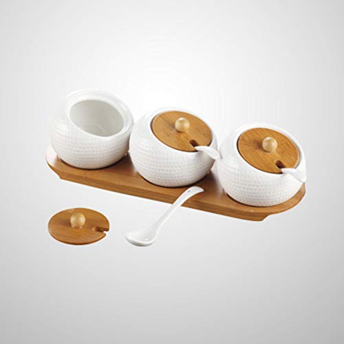 Ceramic Spice Jars Set Porcelain Condiment Container with Bamboo Lids and Wooden Tray for Home Kitchen - Thumbnail 6