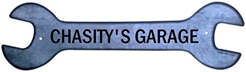 Personalized Metal Wrench Sign - Chasity's Garage - Mechanics, Work Shops, Man Caves - 17" x 4.75" Aluminum Sign