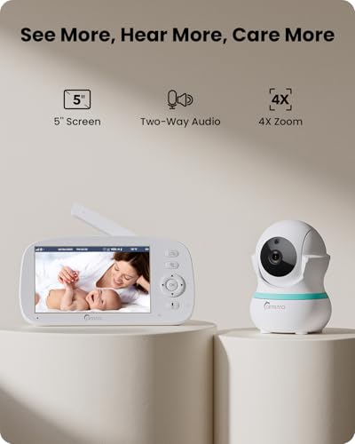 CAMSTRO Baby Monitor with Camera, 5" Display, 360° Remote Pan-Tilt-Zoom, Night Vision, Two-Way Audio, 5000mAh Battery, Feeding Reminder, Lullabies, Cry and Motion Detection, VOX Baby Camera, No WiFi