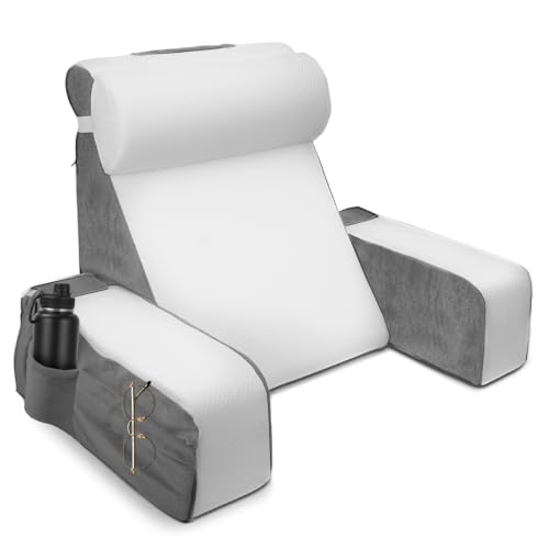 Large Reading Pillow with Removable Neck Pillow and Armrest, Back Cushion, Ergonomic Back Cushion with Arm and Pocket and Washable Reading Pillow Cover for Reading