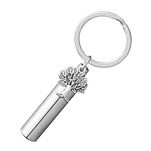 PiercingJ Personalized Engraving Name Stainless Steel Keychain Tree of Life & Cylinder Capsule Locket Cremation Urn Key Ring Keepsake Memorial Ashes Filler Jewelry