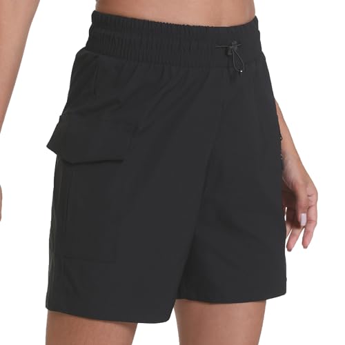 WOMEN’S HKING SHORTS ELASTIC DRAWSTRING HIGH WAIST ATHLETIC SHORTS WITH CARGO POCKETS LIGHTWEIGHT WORKOUT CAMPING SHORTS(BLACK S)