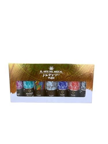 YULIIA Kit Estuche con 7 Botellas a Base de Mezcal - Incluye Espadín, Tepeztate, Tobalá y Sabores Maracuyá, Coco, Café y Jamaica, 50ml c/u