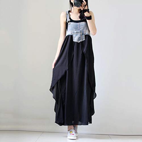 Mysky Women Summer Popular Casual Brief Jeans Splicing Ruffle Hem Pocket Plus Size Strap Dress Black